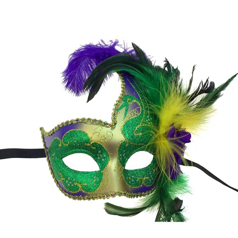 Multi Mardi Gras Venetian Styled Mask With Feather Oneside, a beautiful Mardi Gras accessory that adds a nice look of you to the celebration whether you're in New Orleans or not. Regardless of where the festivals take place, share a celebratory atmosphere with this beautiful feather mask. Wear this stunning Venetian mask for fun and festive party costumes to make you look stand out.