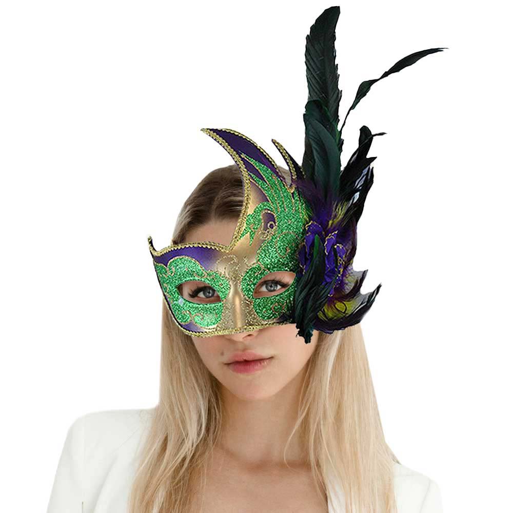 Multi Mardi Gras Venetian Styled Mask With Feather Oneside, a beautiful Mardi Gras accessory that adds a nice look of you to the celebration whether you're in New Orleans or not. Regardless of where the festivals take place, share a celebratory atmosphere with this beautiful feather mask. Wear this stunning Venetian mask for fun and festive party costumes to make you look stand out.