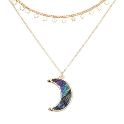 Multi Metal Star Station Druzy Crescent Moon Pendant Double Layered Necklace. Beautifully crafted design adds a gorgeous glow to any outfit. Jewelry that fits your lifestyle! Perfect Birthday Gift, Anniversary Gift, Mother's Day Gift, Anniversary Gift, Graduation Gift, Prom Jewelry, Just Because Gift, Thank you Gift.
