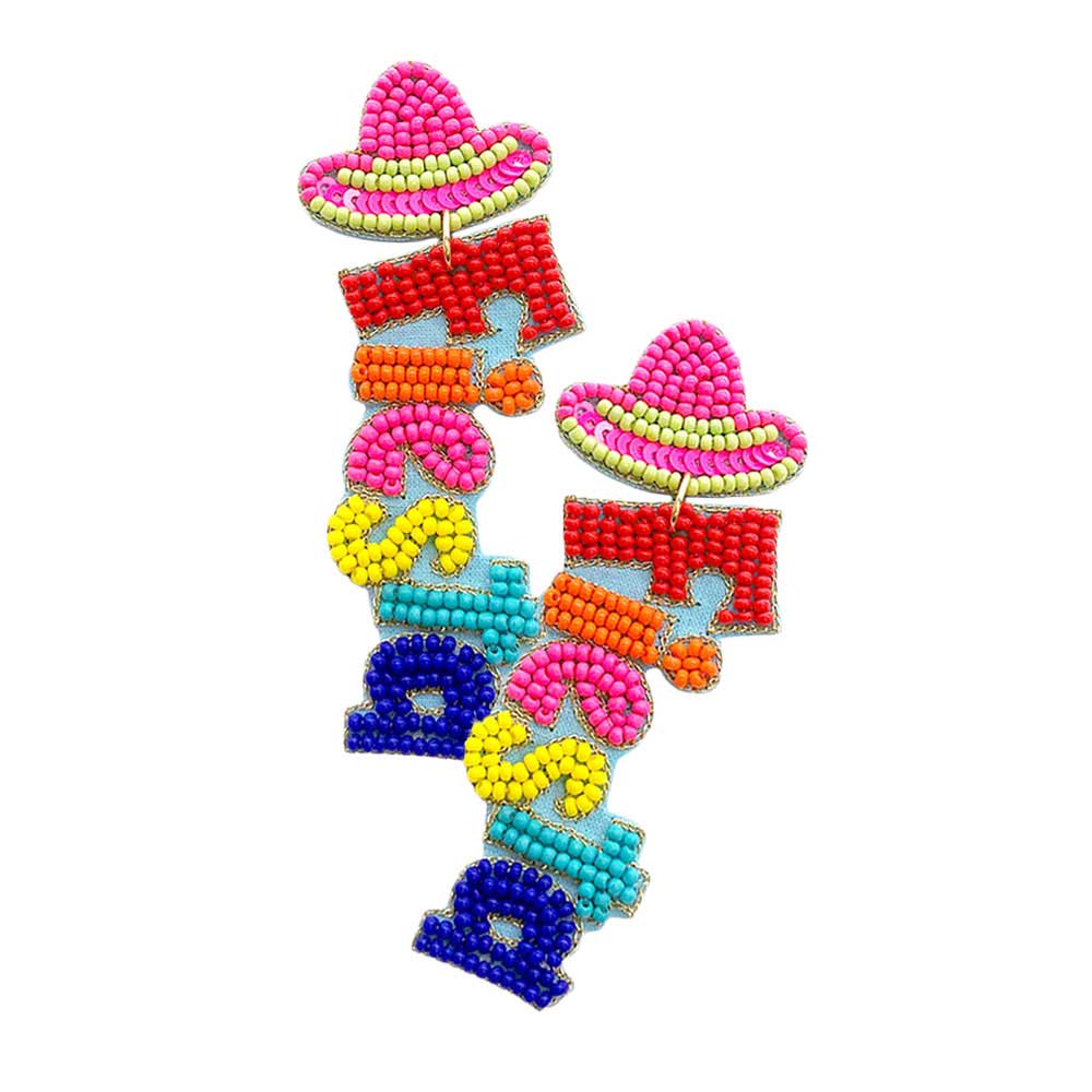 Multi Pink Fiesta Felt Back Seed Beaded Hat Message Dangle Earrings, Seed Beaded  Dangle earrings fun handcrafted jewelry that fits your lifestyle, adding a pop of pretty color. Enhance your attire with these vibrant artisanal earrings to show off your fun trendsetting style. Great gift idea for Wife, Mom, or your Loving One.