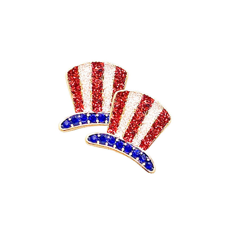 Multi Rhinestone Glittered American USA Flag Hat Stud Earrings. America USA Flag Hat Stud Earrings, helps to Show your love for our country with this sweet patriotic star USA flag style American Flag lips Earrings. Featuring red, white and blue stars and for a bit of fashionable fireworks flair.  Perfect Birthday Gift, Anniversary Gift, Mother's Day Gift, Thank you Gift.