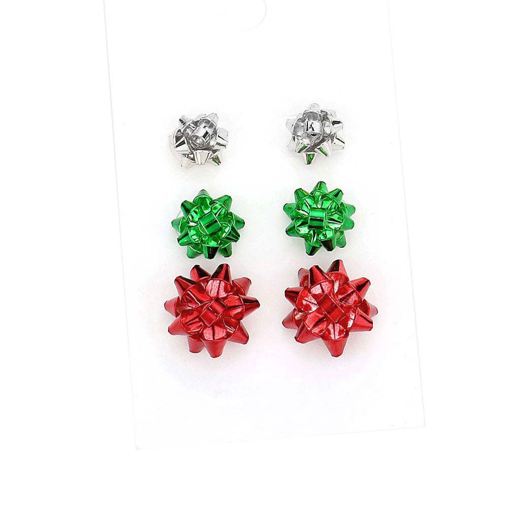 Multi Rhodium 3Pairs Christmas Bow Stud Earrings, wear over your favorite tops and dresses this season! A timeless treasure designed to add a gorgeous stylish glow to any outfit style. Perfect for adding just the right amount of shimmer & shine and a touch of class to special events. This piece is versatile and goes with practically anything! Fabulous Christmas Gift, Birthday Gift, Mother's Day, Loved one or Just Because!