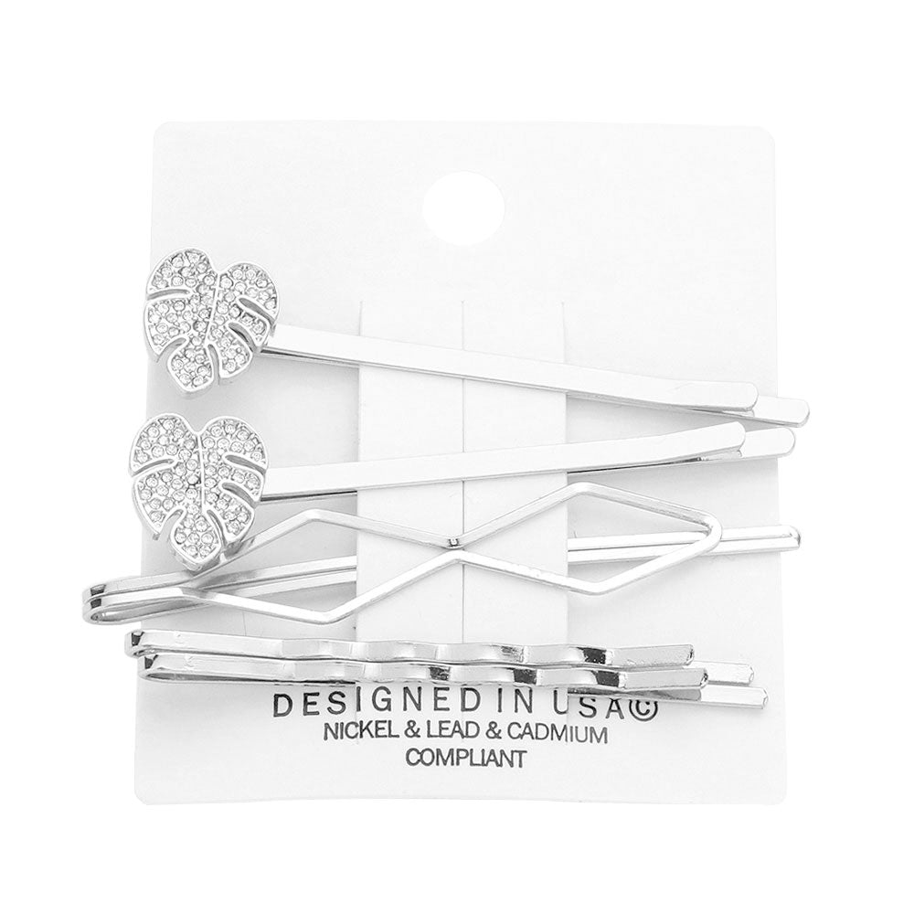 Multi Rhodium 5PCS Stone Embellished Tropical Leaf Bobby Pin Hair Clips, Complete your look with this set of beautiful imitation hair clips. The perfect accent for your superb up-do! They make your source more interesting and colorful. Perfect for special occasions, weddings, Prom, Sweet 16, Quinceanera, Graduation, etc.