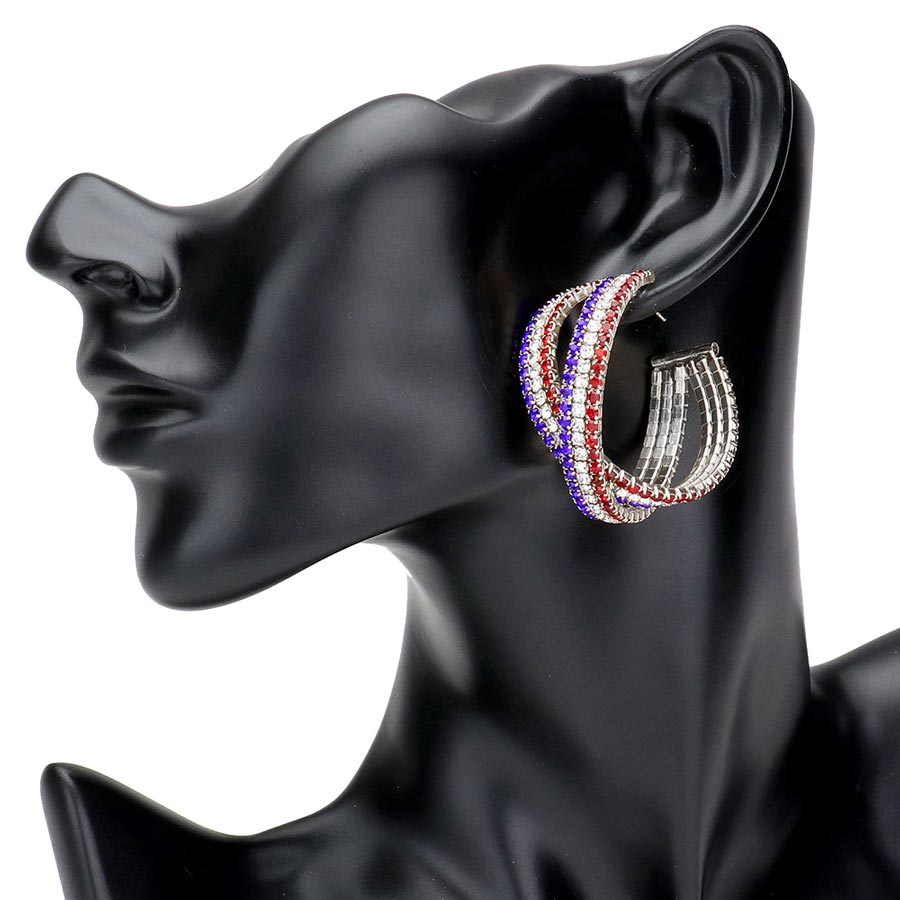 Multi Rhodium Rhinestone Crisscross Hoop Earrings, Beautifully crafted design adds a gorgeous glow to your special outfit. Enhance your attire with these vibrant artisanal earrings to show off your fun trendsetting style. It's a Perfect birthday gift, anniversary gift, Mother's Day gift, holiday getaway, or any other occasion.