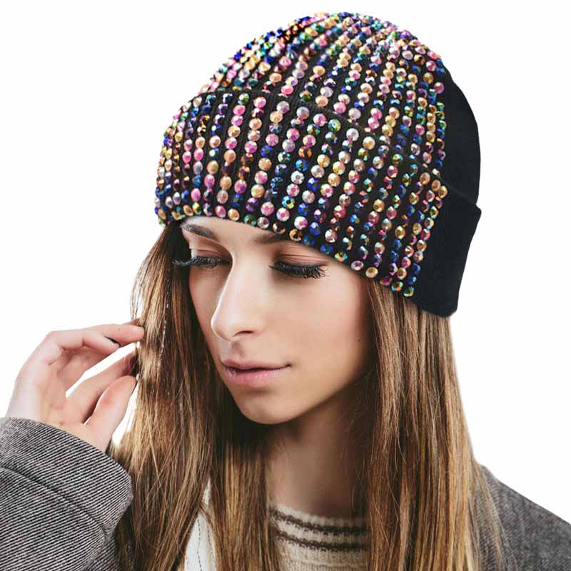 Multi Single Sided Studded Knit Beanie Hat, The beanie hat is made of soft, gentle, skin-friendly, and elastic fabric, which is very comfortable to wear. This Single Sided design is embellished with a shimmering Studded for the ultimate glam look! It provides warmth to your head and ears, protects you from the wind, chill & cold weather, and becomes your ideal companion in autumn and winter. Suitable for wearing for a variety of outdoor activities.