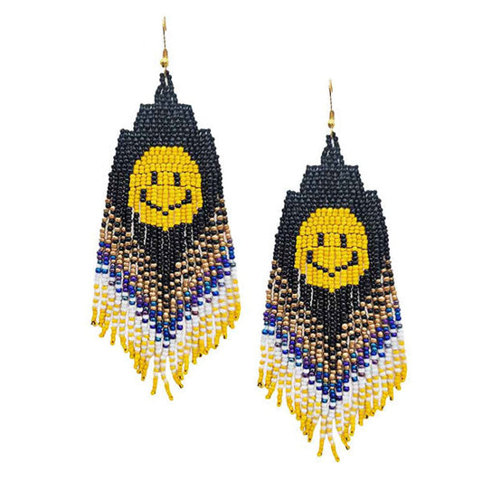 Multi Smile Accented Seed Beaded Fringe Dangle Earrings, seed beaded fringe dangle earrings fun handcrafted jewelry that fits your lifestyle, adding a pop of pretty multi color. Enhance your attire with these vibrant artisanal earrings to show off your fun trendsetting style. Lightweight and comfortable for wearing all day long. This fringe themed earrings is perfect for Holiday gift, Anniversary gift, Birthday gift, Valentine's Day gift for a woman or girl of any age. 