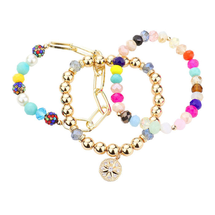Multi  Three PCS - Stone Embellished North Star Charm Multi Beaded Stretch Bracelets, Get ready with these Stretch Evening Bracelet, put on a pop of color to complete your ensemble. Perfect for adding just the right amount of shimmer & shine . Perfect Birthday Gift, Anniversary Gift, Mother's Day Gift, Graduation Gift.