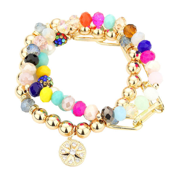 Multi  Three PCS - Stone Embellished North Star Charm Multi Beaded Stretch Bracelets, Get ready with these Stretch Evening Bracelet, put on a pop of color to complete your ensemble. Perfect for adding just the right amount of shimmer & shine . Perfect Birthday Gift, Anniversary Gift, Mother's Day Gift, Graduation Gift.