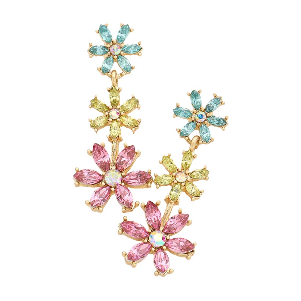 Multi Triple Flower Link Dangle Evening Earrings, are beautifully decorated to dangle on your earlobes on special occasions for making you stand out from the crowd. Wear these flower evening earrings to show your unique yet attractive & beautiful choice. Coordinate these flower & leaf-themed evening earrings with any special outfit to draw everyone's attention. Perfect jewelry gift to expand a woman's fashion wardrobe with a modern, on-trend style.