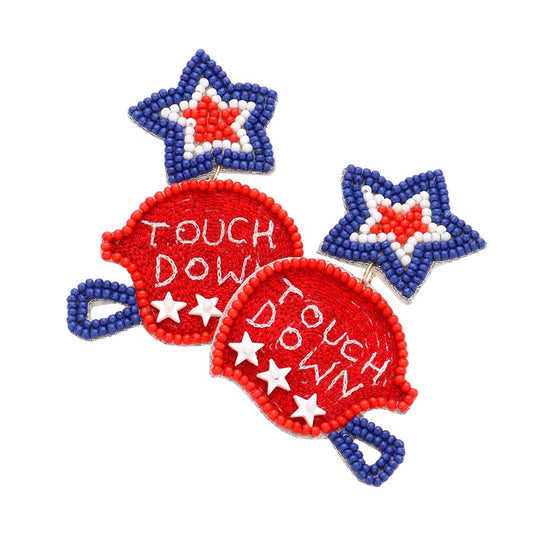 Multi USA Flag Beaded Star Touch Down Message Helmet Earrings, Look like the ultimate fashionista with these earrings! Show your love for Your country with these sweet American flag earrings. Great for Election Day, Flag Day, 4th of July, Memorial Day, and Labor Day. Perfect gift for any national holiday and occasion.