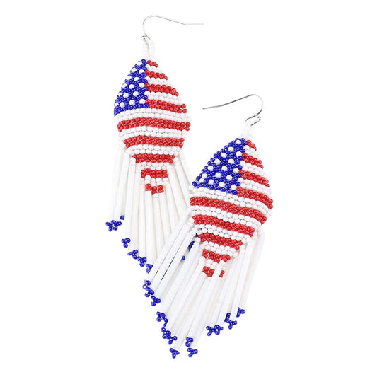 Multi USA Flag Seed Beaded Fringe Earrings, show your love for our country with these patriotic USA-style seed beaded fringe earrings. Featuring red, white, and blue for a bit of fashionable fireworks flair. These fringe-themed earring rocks every party you attend.