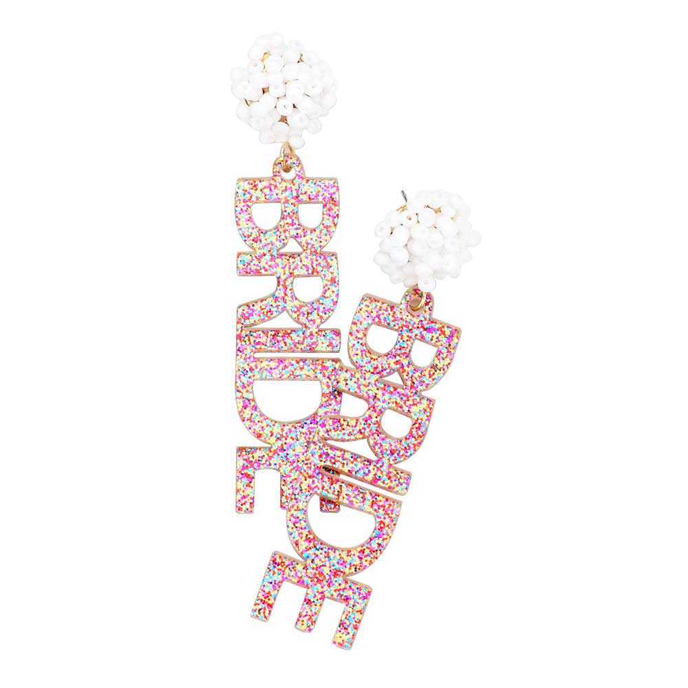 Multi White Bride Glittered Message Dangle Earrings, put on a pop of color to complete your ensemble. Perfect for adding just the right amount of shimmer & shine and a touch of class to special events. Perfect Birthday Gift, Anniversary Gift, Mother's Day Gift, Thank you Gift.