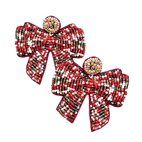 Multicolor Christmas Post Back Seed Bead Bow Dangle Earrings. Get ready with these bright post back earrings, put on a pop of color to complete your ensemble. Perfect for adding just the right amount of shimmer & shine and a touch of class to special events. Perfect Birthday Gift, Anniversary Gift, Mother's Day Gift.