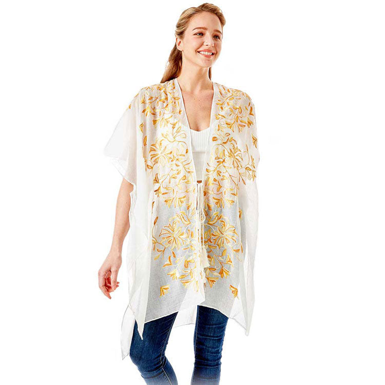 Mustard Embroidery Floral Cover Up Kimono Cardigan, The lightweight Kimono top is made of soft and breathable material. The fashionista Cardigan Cover up with open front design, simple basic style, easy to put on and down. Perfect Gift for Wife, Birthday, Holiday, Anniversary, Just Because Gift, Fun Night Out.