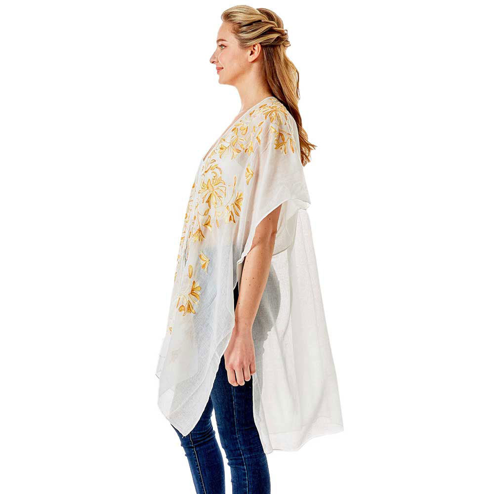 Mustard Embroidery Floral Cover Up Kimono Cardigan, The lightweight Kimono top is made of soft and breathable material. The fashionista Cardigan Cover up with open front design, simple basic style, easy to put on and down. Perfect Gift for Wife, Birthday, Holiday, Anniversary, Just Because Gift, Fun Night Out.