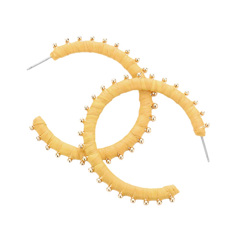 Mustard Metal Ball Trimmed Raffia Wrapped Hoop Earrings, enhance your attire with these beautiful raffia earrings to show off your fun trendsetting style. Get a pair as a gift to express your love for any woman person or for just for you on birthdays, Mother‚Äö√Ñ√¥s Day, Anniversary, Holiday, Christmas, Parties, etc.