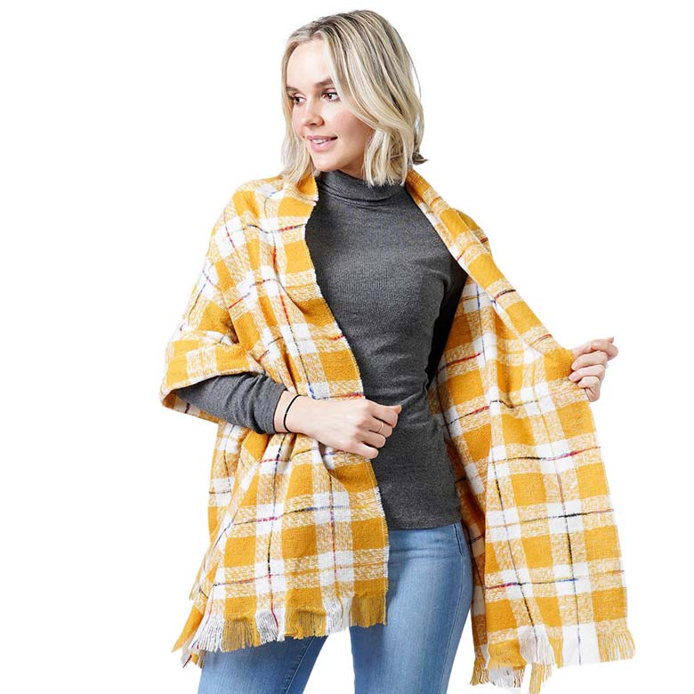 Mustard Plaid Check Oblong Scarf, accents your look with a soft, highly versatile plaid design and keeps you warm and toasty on cold days and in winter. A rugged staple brings a classic look. The variety of its color adds harmony & completes your outfit in style. You will feel cozy, comfortable, and confident everywhere with this oblong scarf. Throw it on over so many pieces elevating any casual outfit!