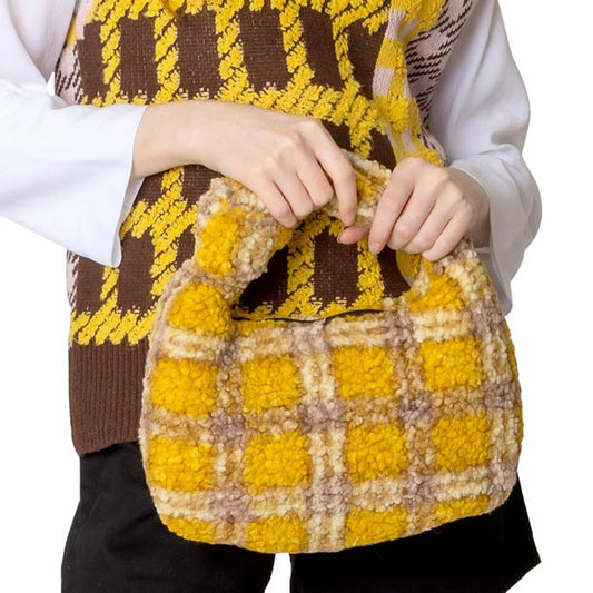 Mustard Plaid Check Patterned Sherpa Tote Bag, is a cute and beautiful tote bag that enriches your accessory collection and amps up your outlook with a beautiful plaid check pattern. It perfectly goes with any outfit in any style. Easy to carry and keep your handy items safe and secure.