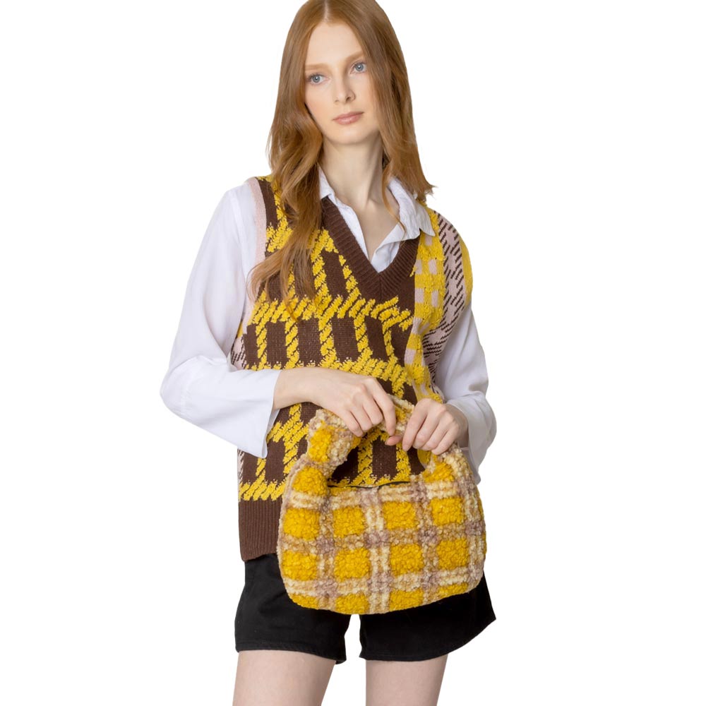 Mustard Plaid Check Patterned Sherpa Tote Bag, is a cute and beautiful tote bag that enriches your accessory collection and amps up your outlook with a beautiful plaid check pattern. It perfectly goes with any outfit in any style. Easy to carry and keep your handy items safe and secure.