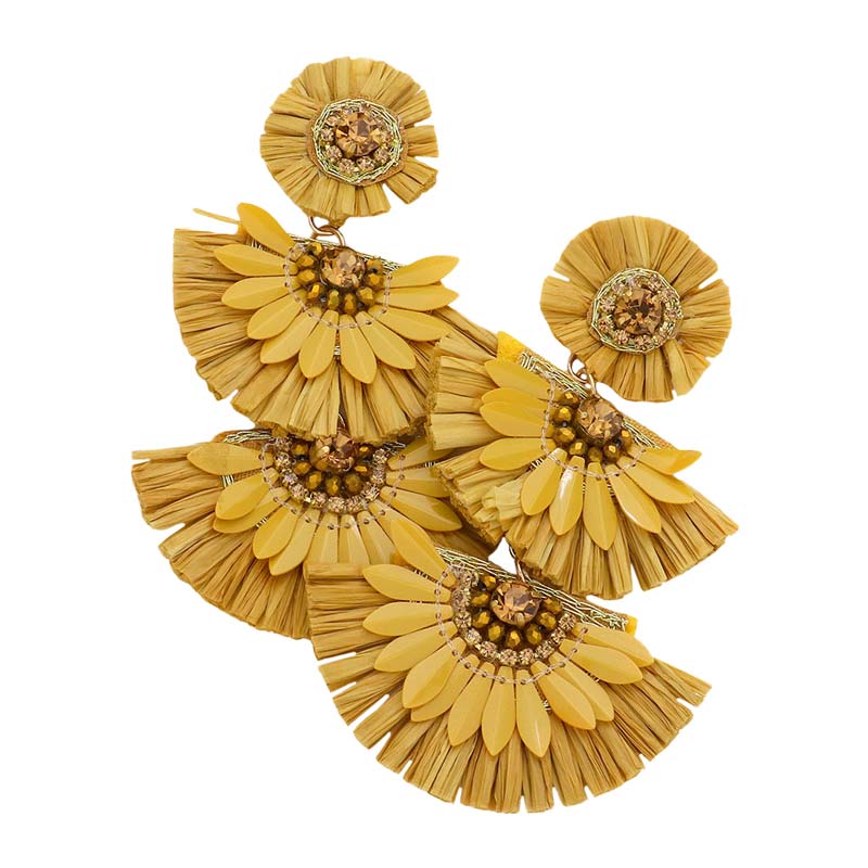 Mustard Stone Embellished Half Round Raffia Link Dangle Earrings, enhance your attire with these beautiful raffia link dangle earrings to show off your fun trendsetting style. Can be worn with any daily wear such as shirts, dresses, T-shirts, etc. These stone-embellished half-round earrings will garner compliments all day long. Whether day or night, on vacation or on a date, whether you're wearing a dress or a coat, these earrings will make you look more glamorous and beautiful