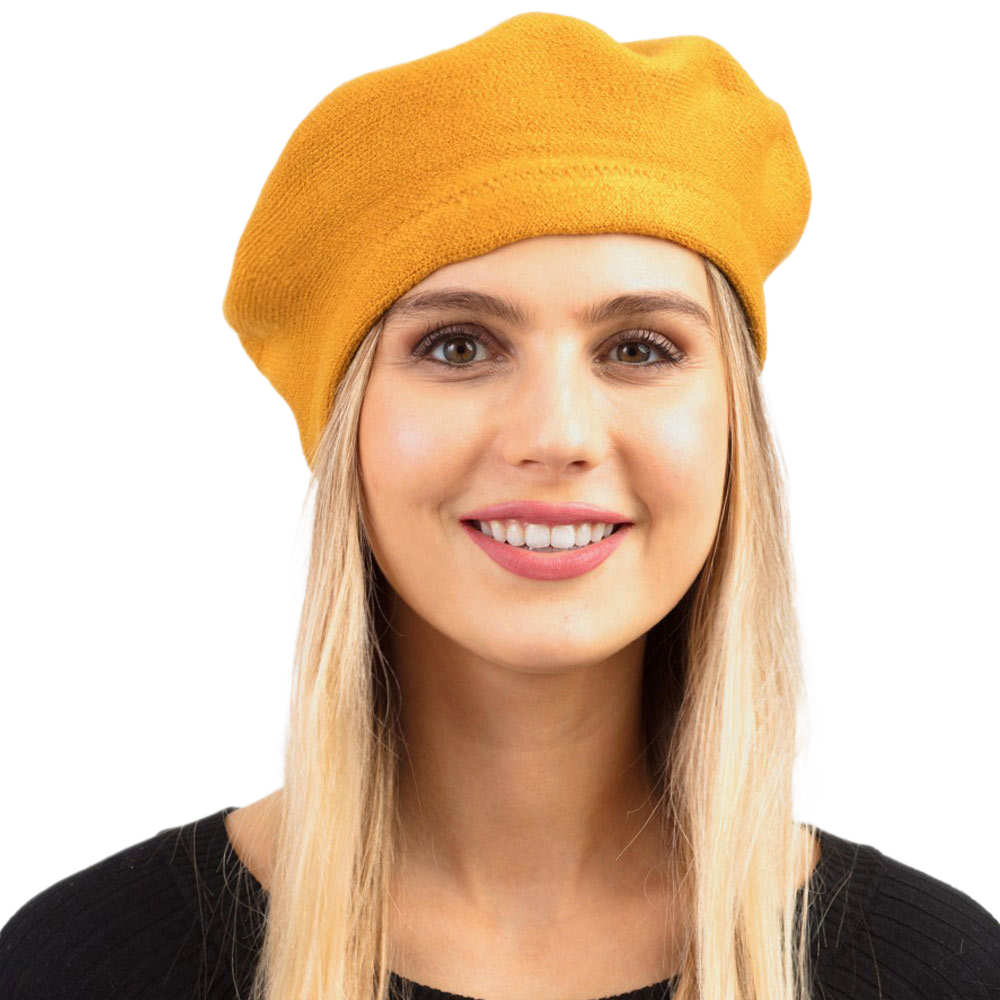 Mustard  Women Beret Hat Solid Color Stretchy Beret Cap, Stretchy Solid Beret Stylish Hat; this hat is snug on the head and works well to keep rain off the head, out of the eyes, and also the back of the neck. Wear it to lend a modern liveliness above a raincoat on trans-seasonal days in the city. Perfect Gift for that fashion-forward friend