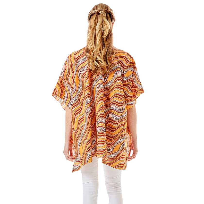 Mustard Wavy Printed Lurex Cover Up Poncho Kimono Poncho. Lightweight and soft brushed fabric exterior fabric that make you feel more warm and comfortable. Cute and trendy Cardigan for women. Great for dating, hanging out, daily wear, vacation, travel, shopping, holiday attire, office, work, outwear, fall, spring or early winter. Perfect Gift for Wife, Mom, Birthday, Holiday, Anniversary, Fun Night Out.