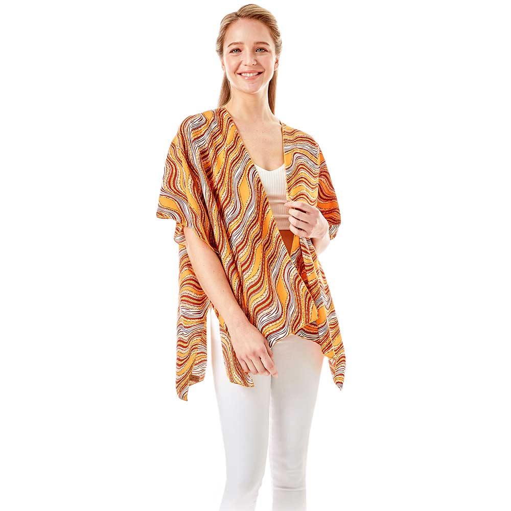 Mustard Wavy Printed Lurex Cover Up Poncho Kimono Poncho. Lightweight and soft brushed fabric exterior fabric that make you feel more warm and comfortable. Cute and trendy Cardigan for women. Great for dating, hanging out, daily wear, vacation, travel, shopping, holiday attire, office, work, outwear, fall, spring or early winter. Perfect Gift for Wife, Mom, Birthday, Holiday, Anniversary, Fun Night Out.