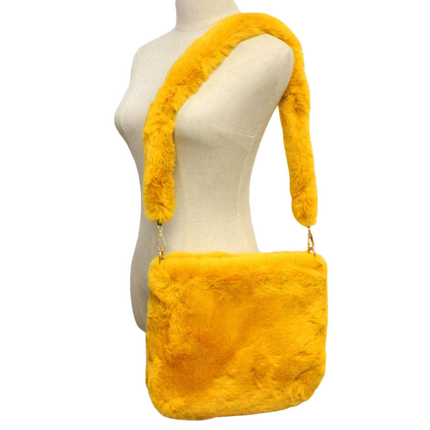 Mustard Zipper Closure Solid Faux Fur Crossbody Bag, This high quality evening Crossbody is both unique and stylish. perfect for money, credit cards, keys or coins, comes with a wristlet for easy carrying, light and simple. Look like the ultimate fashionista carrying this trendy  Solid Faux Fur Crossbody Bag!