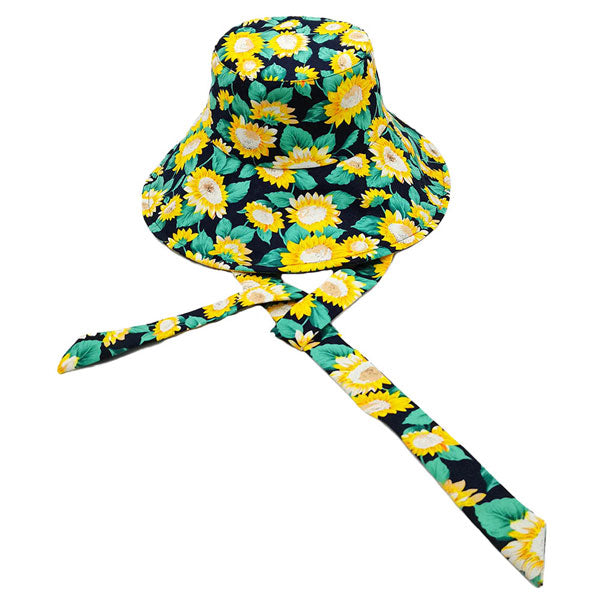 Navy Sunflower Patterned Chin Tie Bucket Hat, adds a great accent to your wardrobe, This elegant, timeless & classic Bucket Hat looks cool & fashionable. Perfect for that bad hair day, or simply casual everyday wear; Great gift for that fashionable on-trend friend. Perfect Gift Birthday, Holiday, Christmas, Anniversary, Valentine's Day.