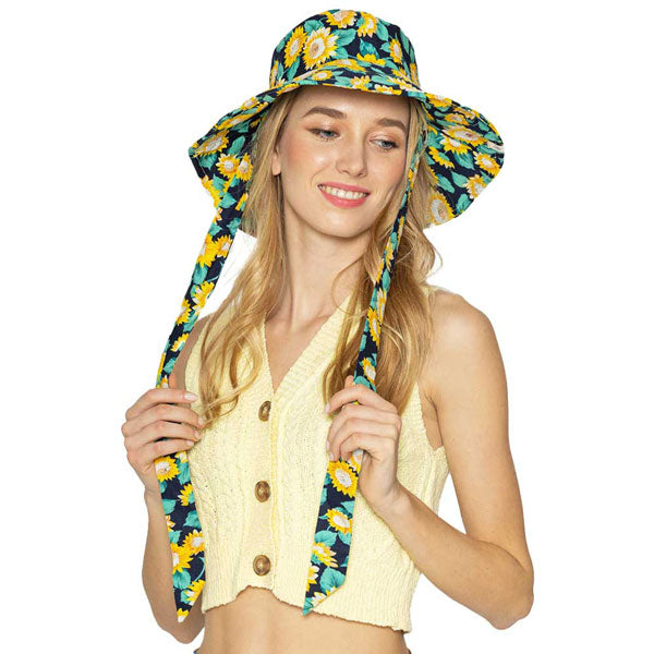 Navy Sunflower Patterned Chin Tie Bucket Hat, adds a great accent to your wardrobe, This elegant, timeless & classic Bucket Hat looks cool & fashionable. Perfect for that bad hair day, or simply casual everyday wear; Great gift for that fashionable on-trend friend. Perfect Gift Birthday, Holiday, Christmas, Anniversary, Valentine's Day.