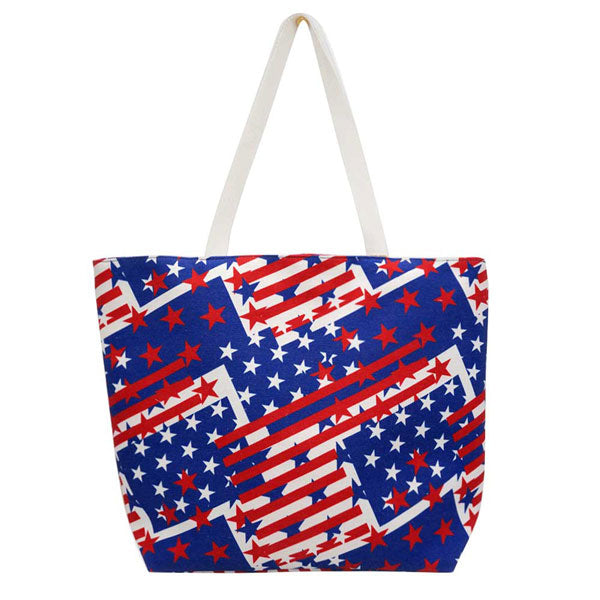 Navy American USA Flag Printed Beach Tote Bag. Tote your beach-bound essentials in patriotic style tote done with an American Flag exterior. Keep your essentials safe on the move while still having standout style, roomy enough for toting all your items for a day out, whether its a day at the beach or poolside. 