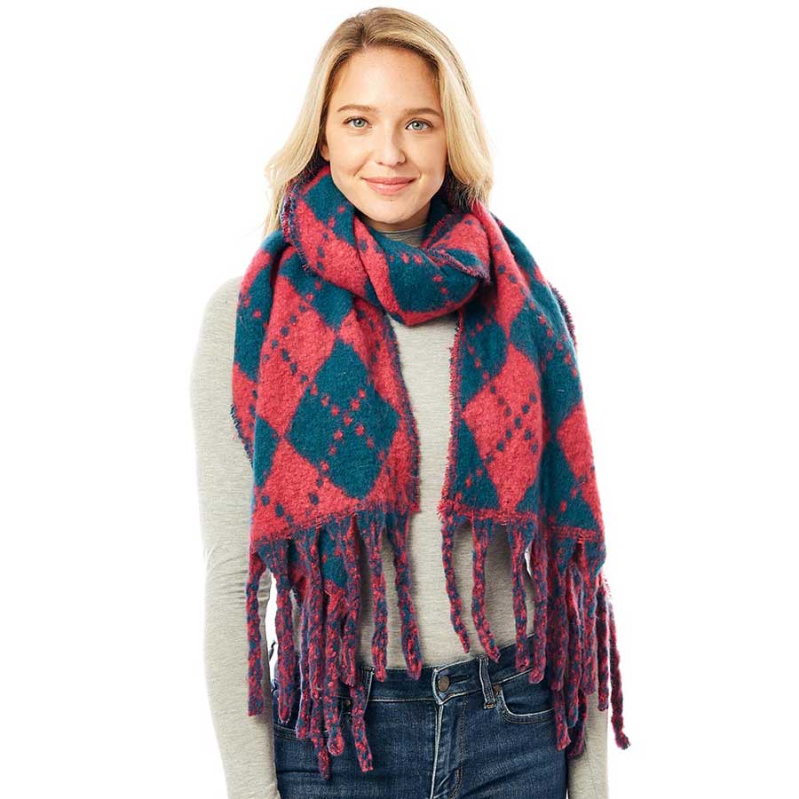 Navy Argyle Print Oblong Scarf With Fringe, this stylish scarves featuring Argyle Print with fringe combines great fall style with comfort and warmth. Whether you need a little something around your shoulders on a chilly weather or a fashionable Oblong scarves to compliment any outfit are what you need. The super soft acrylic gives them a luxurious feel. Awesome winter accessory gift idea.