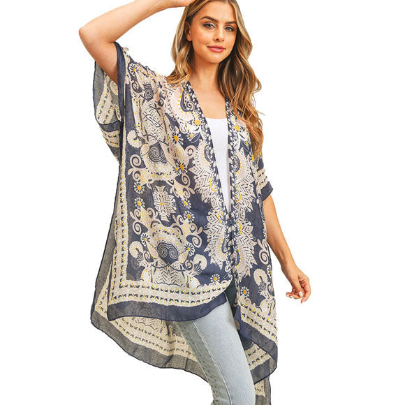 Navy Bohemian Patterned Cover Up Kimono Poncho, The lightweight poncho top is made of soft and breathable Polyester material. short sleeve swimsuit cover up with open front design, simple basic style, easy to put on and down. Perfect Gift for Wife, Mom, Birthday, Holiday, Anniversary, Fun Night Out.