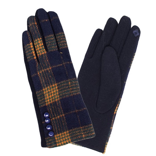 Navy Button Detailed Plaid Check Accent Warm Winter Smart Touch Tech Gloves, gives your look so much eye-catching texture w cool design, a cozy feel, fashionable, attractive, cute looking in winter season, these warm accessories allow you to use your phones. Perfect Birthday Gift, Valentine's Day Gift, Anniversary Gift, Just Because Gift
