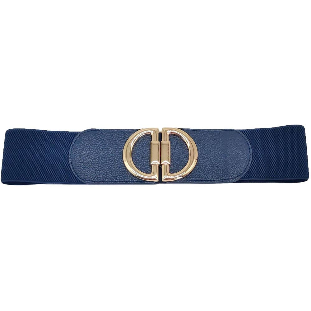 Navy Double Half Open Circle Buckle Stretch Belt, Double half open circle buckle is a great stretchable belt with excellent durable lather for ladies. The belt buckle is made from solid metal. Quality leather feels soft and comfortable. It also looks fashionable with casual outfits. This double half-open circle design leather belt is a good match for a blouse, dress, skirt, jeans, or sweater. Casual yet classic half-open circle clasp which makes it super easy to use & keeps the full design!