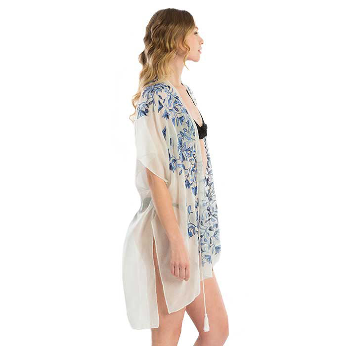 Navy Embroidery Floral Cover Up Kimono Cardigan, The lightweight Kimono top is made of soft and breathable material. The fashionista Cardigan Cover up with open front design, simple basic style, easy to put on and down. Perfect Gift for Wife, Birthday, Holiday, Anniversary, Just Because Gift, Fun Night Out.