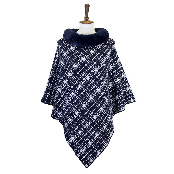 Navy Fall Winter Patterned Faux Fur Collar Poncho, the perfect accessory, luxurious, trendy, super soft chic capelet, keeps you warm and toasty. You can throw it on over so many pieces elevating any casual outfit! Perfect Gift for Wife, Mom, Birthday, Holiday, Christmas, Anniversary, Fun Night Out