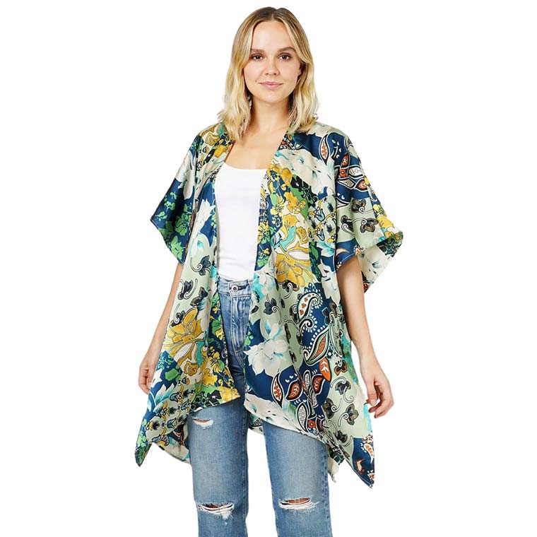 Navy Floral Patterned Satin Cover Up Kimono Poncho, this beautiful floral-patterned Poncho is made of soft and breathable material that amps up your real and gorgeous look with a perfect attraction everywhere. Its eye-catchy design makes you stand out every time. Coordinate this cover-up kimono with any ensemble to finish in perfect style and get ready to receive beautiful compliments.