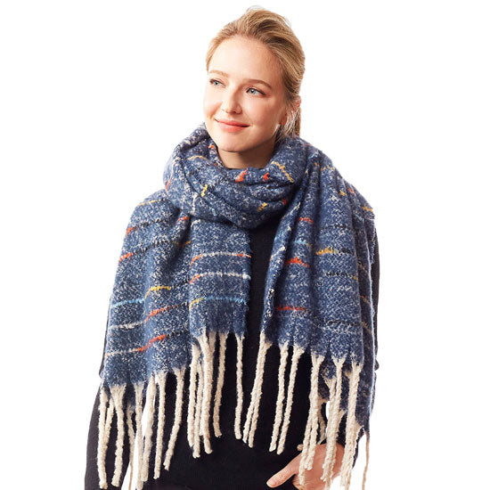 Navy Glitz Colorful Stitch Fuzzy Oblong Scarf, Accent your look with this soft, highly versatile scarf. Great for daily wear in the cold winter to protect you against chill, classic infinity-style scarf & amps up the glamour with plush material that feels amazing snuggled up against your cheeks.