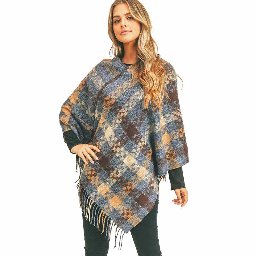 Navy Multi Color Pixel Check Poncho, adds gorgeousness and confidence in your beauty. Lightweight and Breathable Fabric, Comfortable to Wear. Suitable for any Occasions in Spring, Summer, and Autumn. It fits with any outfit and any place. Perfect gift for Wife, Mom, Birthday, Holiday, Christmas, Anniversary, Fun night out. Make your moment stylish and attractive.