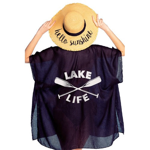 Navy C.C "Lake Life" Beach Cover Up; Beach, Poolside chic made easy with this lightweight short sleeve Cover Up featuring relaxed silhouette, great over swimsuits & favorite blouse & slacks, Perfect Birthday Gift, Anniversary Gift, Beach Vacation, Lake House, Cottage, Celebration, Beach Cover, Short Sleeve Kimono Beachwear
