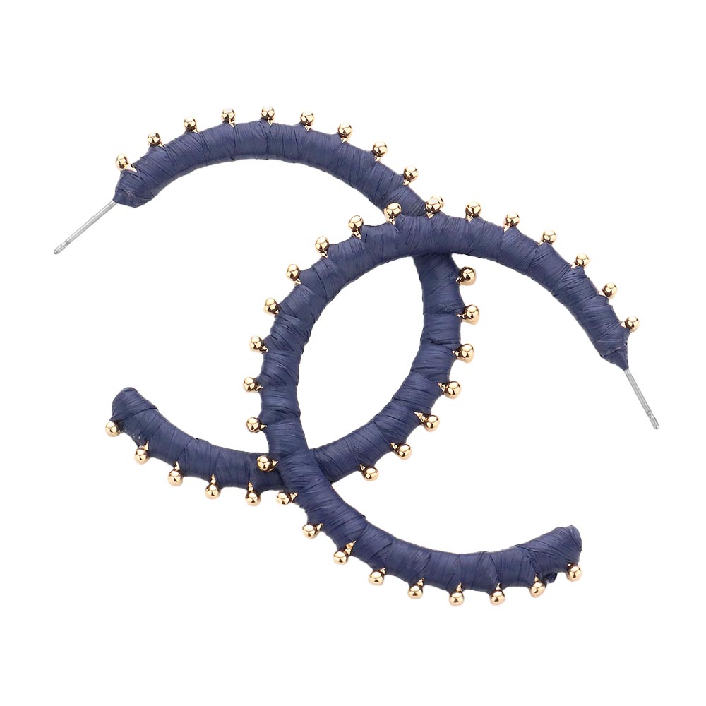 Navy Metal Ball Trimmed Raffia Wrapped Hoop Earrings, enhance your attire with these beautiful raffia earrings to show off your fun trendsetting style. Get a pair as a gift to express your love for any woman person or for just for you on birthdays, Mother‚Äö√Ñ√¥s Day, Anniversary, Holiday, Christmas, Parties, etc.