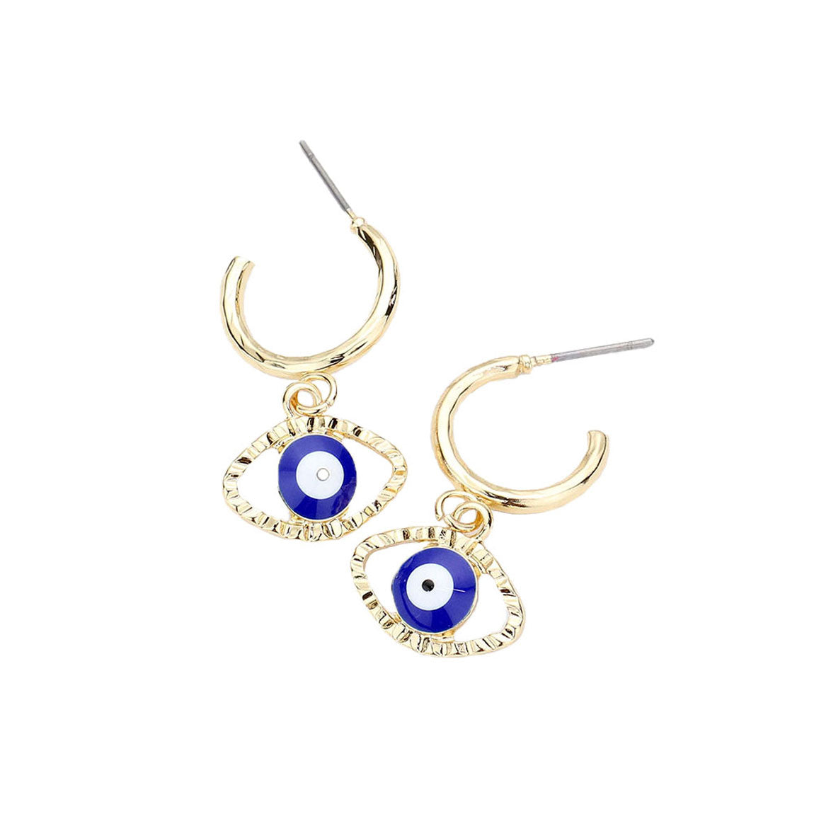 Navy Metal Half Hoop Evil Eye Dangle Earrings. Beautifully crafted design adds a gorgeous glow to any outfit. Jewelry that fits your lifestyle! Perfect Birthday Gift, Anniversary Gift, Mother's Day Gift, Anniversary Gift, Graduation Gift, Prom Jewelry, Just Because Gift, Thank you Gift.