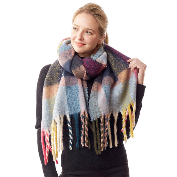 Berry Multi Color Plaid Check Fuzzy Oblong Scarf - Navy - Scarves