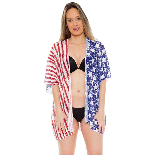 Navy Red American USA Flag Print Cover Up Kimono Poncho, Beach/Poolside chic is made easy with this lightweight cover-up featuring tonal line and a relaxed silhouette, look perfectly breezy and laid-back as you head to the beach. Also an accessory easy to pair with so many tops! From stylish layering camis to relaxed tees, you can throw it on over so many pieces elevating any casual outfit! Great gift idea.
