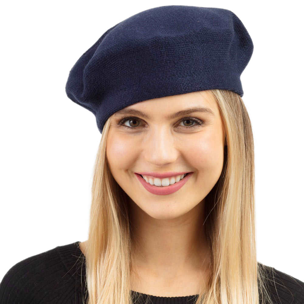 Navy  Women Beret Hat Solid Color Stretchy Beret Cap, Stretchy Solid Beret Stylish Hat; this hat is snug on the head and works well to keep rain off the head, out of the eyes, and also the back of the neck. Wear it to lend a modern liveliness above a raincoat on trans-seasonal days in the city. Perfect Gift for that fashion-forward friend
