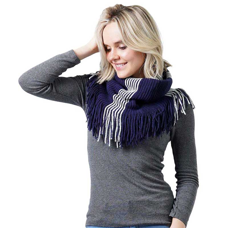 Navy Stripe Knit Tube Scarf With Tassel, This knit tube scarf is perfect and cozy accessory to keep you warm and stylish. on trend & fabulous, a luxe addition to any cold-weather ensemble. You will always look chic and elegant wearing this feminine pieces. Great for everyday use in the chilly winter to ward against coldness. Awesome winter gift accessory!