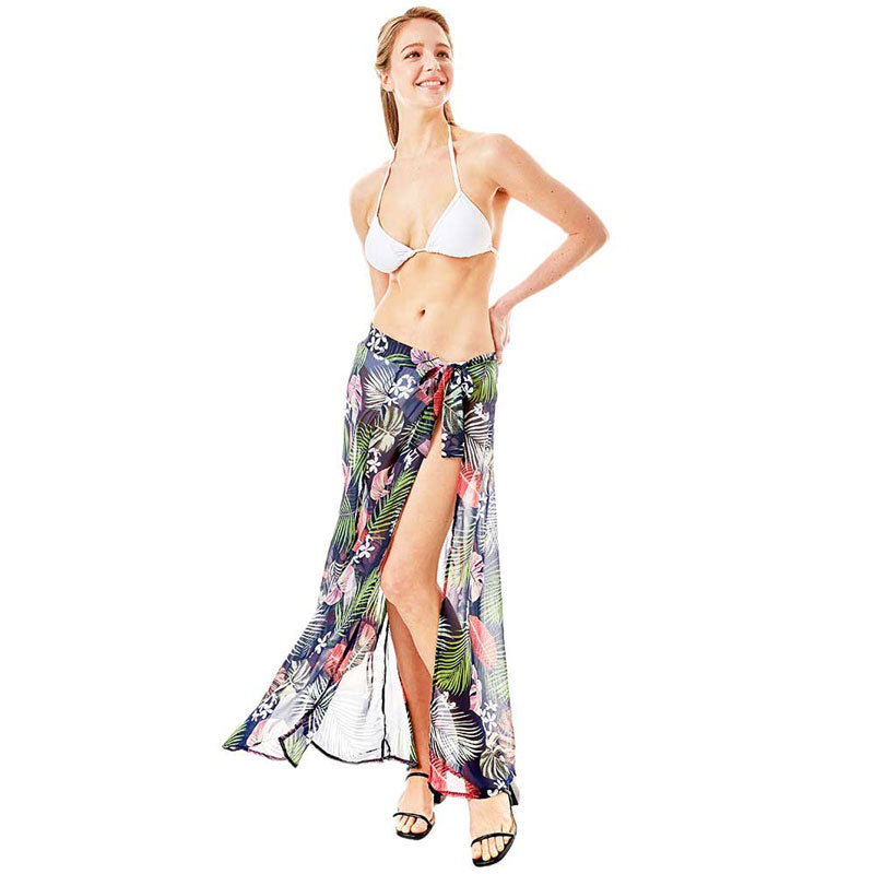 Navy Tropical Leaf Beach Wrap Skirt, 100% High quality polyester, breathable and comfortable, sexy and cool, very light and easy to pack and carry. Maxi length cut, side slit design, brightly color, make you more charm and attractive. Show your beautiful silhouette and sexy slinky figures. Suitable for Summer wrap skirt, travel vacation, boat cruises, beach costumes, pool party or simply hanging at home or wherever else your heart desires in Spring, Summer and Autumn.