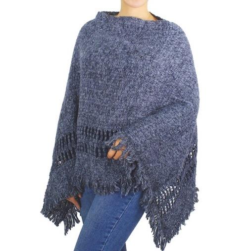 Navy Two Tone Detailed Knit Pattern Accented Poncho Outwear Ruana Cover Up, the perfect accessory, luxurious, trendy, super soft chic warm cover, keeps you warm & toasty. You can throw it on over so many pieces elevating any casual outfit! Perfect Gift Birthday, Holiday, Christmas, Anniversary, Wife, Mom, Special Occasion