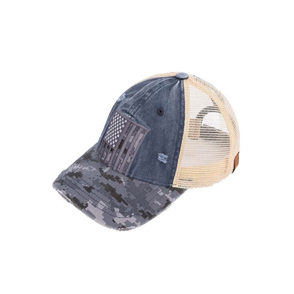 Navy US Flag Ponytail Baseball Cap, comfy vintage cap great for a bad hair day, pull your bun or ponytail thru the back opening, great for keeping your hair away from face while exercising, running, playing sports or just taking a walk. Perfect Birthday Gift, Mother's Day Gift, Anniversary Gift, Thank you Gift, Graduation